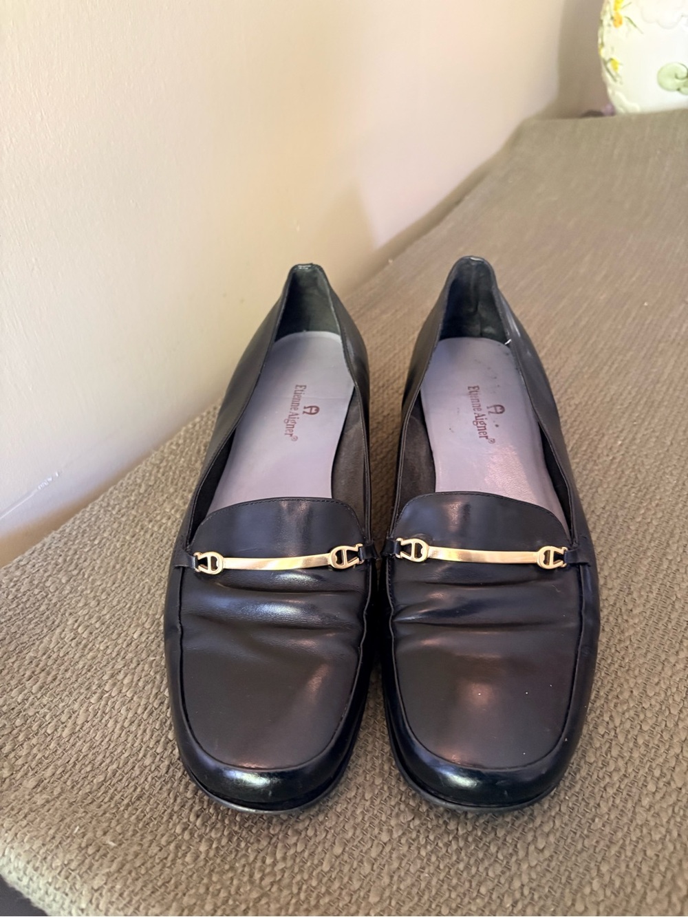 Etienne Aigner Black Leather Loafers with Gold Bit Hardware